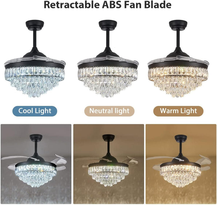 42 in. Dimmable Fandelier for Bedroom, Crystal Chandelier Ceiling Fan, Retractable Blade Ceiling Fan with Light and Remote-8-ErisView