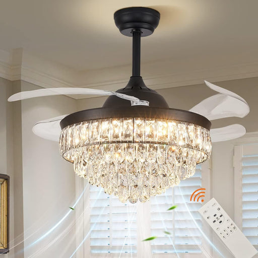 42 in. Dimmable Fandelier for Bedroom, Crystal Chandelier Ceiling Fan, Retractable Blade Ceiling Fan with Light and Remote-1-ErisView