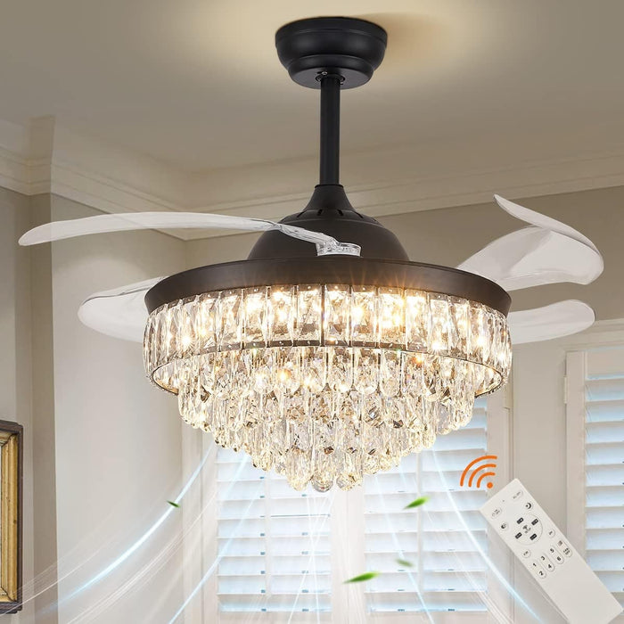42 in. Dimmable Fandelier for Bedroom, Crystal Chandelier Ceiling Fan, Retractable Blade Ceiling Fan with Light and Remote-1-ErisView