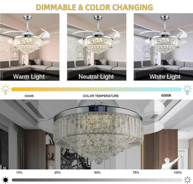 42 in. Fandelier Ceiling Fan with Light, Chrome Crystal Retractable Chandelier Fan, Living Room Ceiling Fan with Light, Dining Room Ceiling Fan -3-ErisView