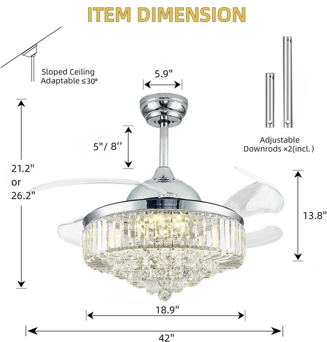 42 in. Fandelier Ceiling Fan with Light, Chrome Crystal Retractable Chandelier Fan, Living Room Ceiling Fan with Light, Dining Room Ceiling Fan -5-ErisView