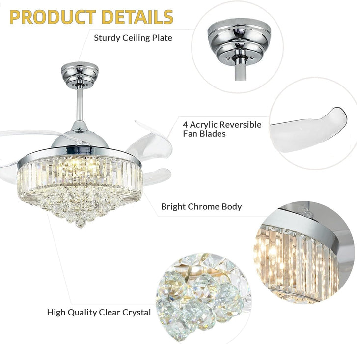 42 in. Fandelier Ceiling Fan with Light, Chrome Crystal Retractable Chandelier Fan, Living Room Ceiling Fan with Light, Dining Room Ceiling Fan -6-ErisView