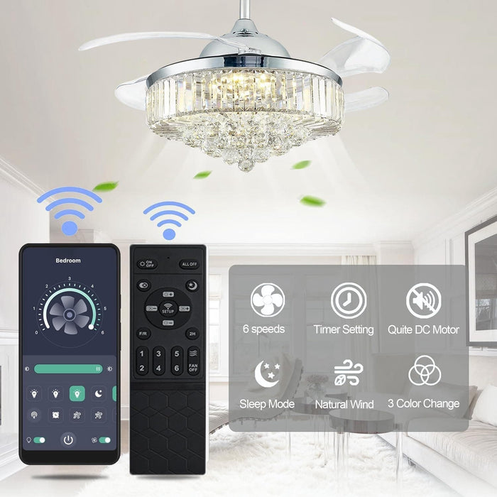 42 in. Fandelier Ceiling Fan with Light, Chrome Crystal Retractable Chandelier Fan, Living Room Ceiling Fan with Light, Dining Room Ceiling Fan -9-ErisView