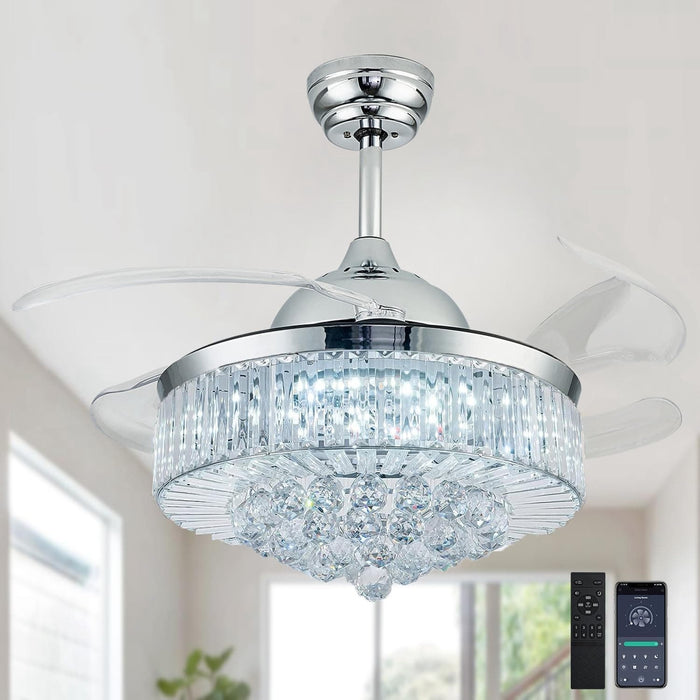 42 in. Fandelier Ceiling Fan with Light, Chrome Crystal Retractable Chandelier Fan, Living Room Ceiling Fan with Light, Dining Room Ceiling Fan -1-ErisView