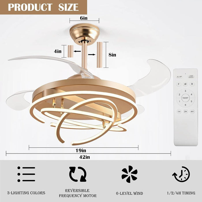 42 in. Gold Chandelier Ceiling Fan with Light and Remote, Retractable Blade Ceiling Fans for Bedroom Living Dining Room, Decorative Ceiling Fan with Light-2-ErisView