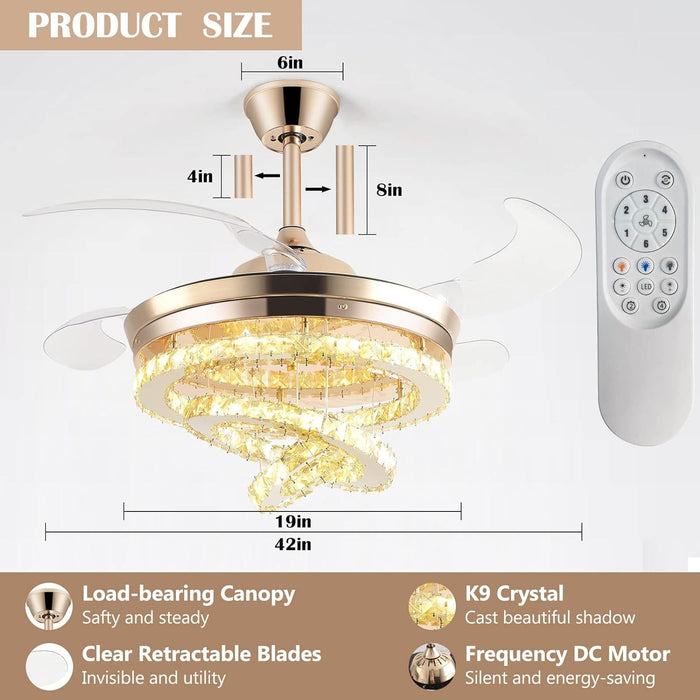 42 in. Gold Crystal Ceiling Fan with Lights, Modern Rings Crystal Chandeliers Ceiling Fan with Remote, Dimmable Invisible Fandelier Ceiling Fan-11-ErisView