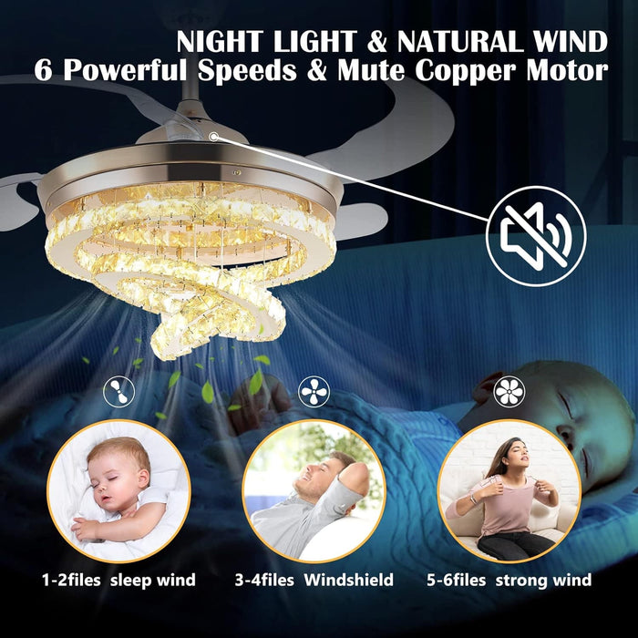 42 in. Gold Crystal Ceiling Fan with Lights, Modern Rings Crystal Chandeliers Ceiling Fan with Remote, Dimmable Invisible Fandelier Ceiling Fan-12-ErisView