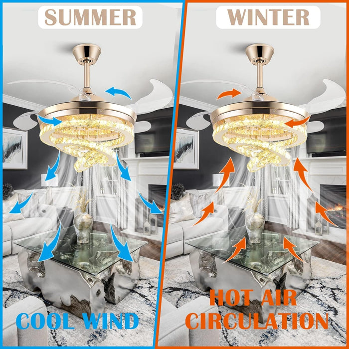 42 in. Gold Crystal Ceiling Fan with Lights, Modern Rings Crystal Chandeliers Ceiling Fan with Remote, Dimmable Invisible Fandelier Ceiling Fan-13-ErisView