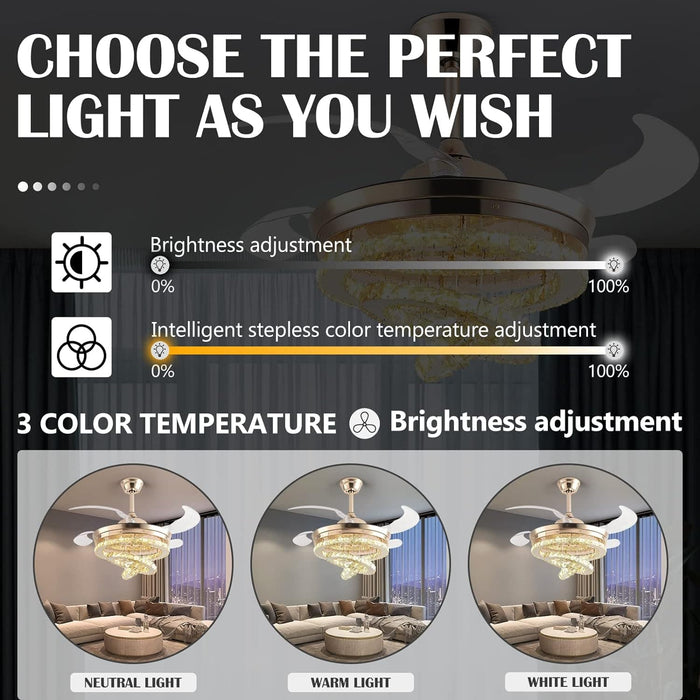 42 in. Gold Crystal Ceiling Fan with Lights, Modern Rings Crystal Chandeliers Ceiling Fan with Remote, Dimmable Invisible Fandelier Ceiling Fan-14-ErisView