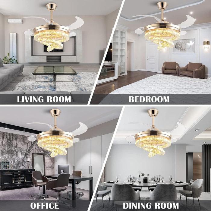 42 in. Gold Crystal Ceiling Fan with Lights, Modern Rings Crystal Chandeliers Ceiling Fan with Remote, Dimmable Invisible Fandelier Ceiling Fan-15-ErisView