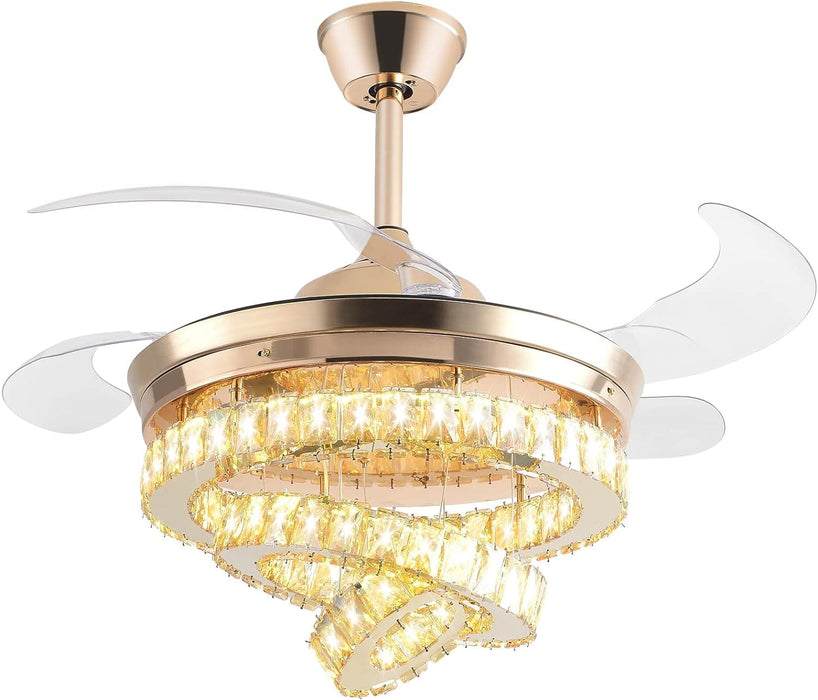 42 in. Gold Crystal Ceiling Fan with Lights, Modern Rings Crystal Chandeliers Ceiling Fan with Remote, Dimmable Invisible Fandelier Ceiling Fan-2-ErisView
