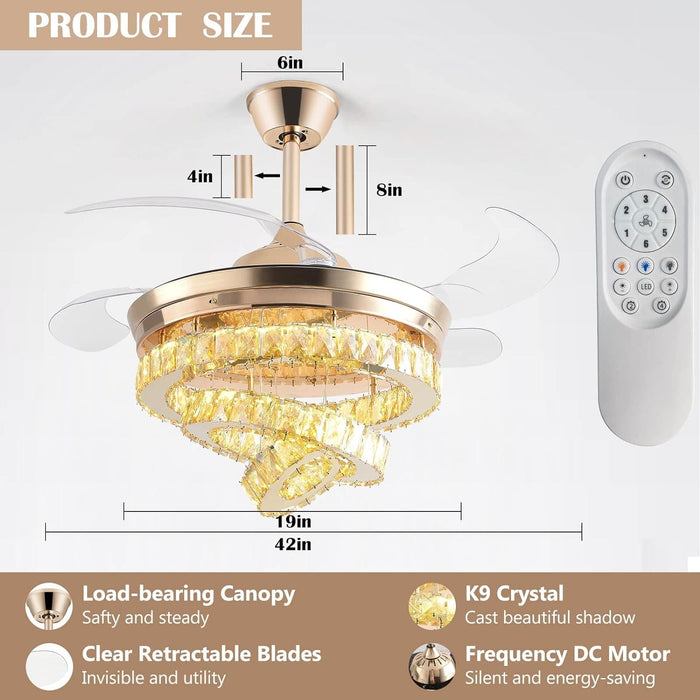42 in. Gold Crystal Ceiling Fan with Lights, Modern Rings Crystal Chandeliers Ceiling Fan with Remote, Dimmable Invisible Fandelier Ceiling Fan-3-ErisView