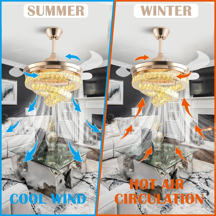 42 in. Gold Crystal Ceiling Fan with Lights, Modern Rings Crystal Chandeliers Ceiling Fan with Remote, Dimmable Invisible Fandelier Ceiling Fan-5-ErisView