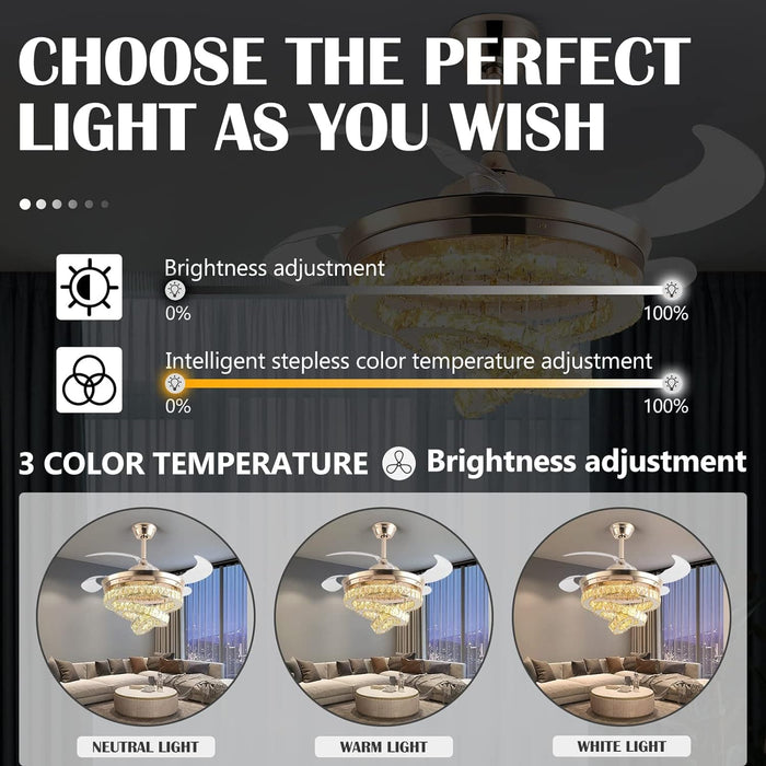 42 in. Gold Crystal Ceiling Fan with Lights, Modern Rings Crystal Chandeliers Ceiling Fan with Remote, Dimmable Invisible Fandelier Ceiling Fan-6-ErisView