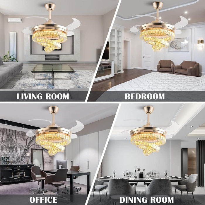 42 in. Gold Crystal Ceiling Fan with Lights, Modern Rings Crystal Chandeliers Ceiling Fan with Remote, Dimmable Invisible Fandelier Ceiling Fan-7-ErisView