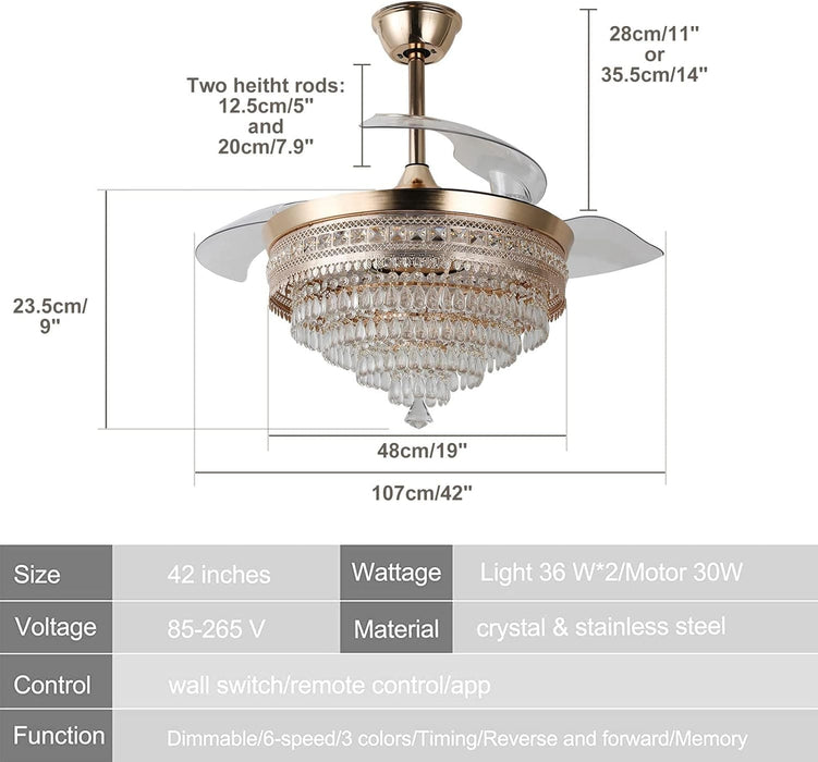 42 in. Gold Dimmable LED Invisible Fandelier with Light, Modern LED Crystal Ceiling Fan-3-ErisView