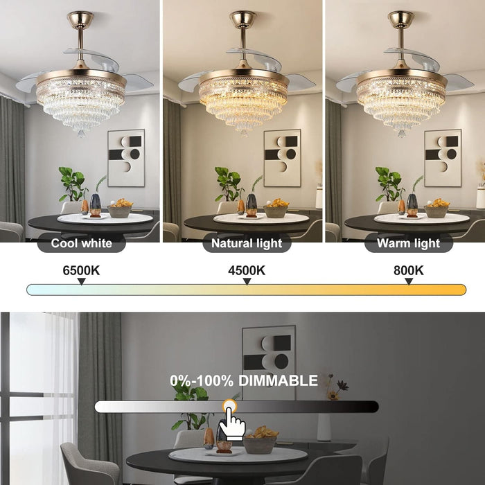 42 in. Gold Dimmable LED Invisible Fandelier with Light, Modern LED Crystal Ceiling Fan-5-ErisView