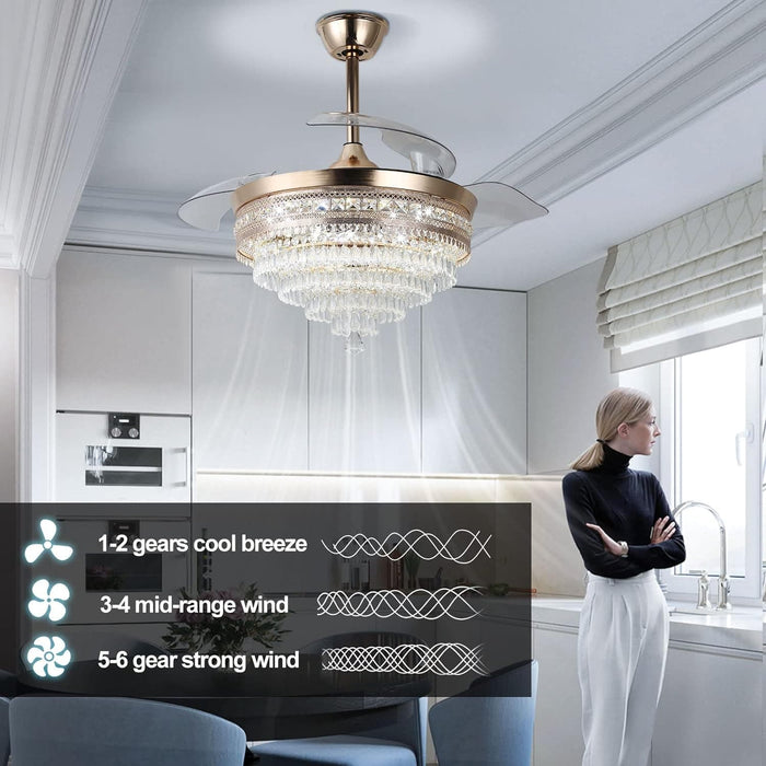 42 in. Gold Dimmable LED Invisible Fandelier with Light, Modern LED Crystal Ceiling Fan-8-ErisView