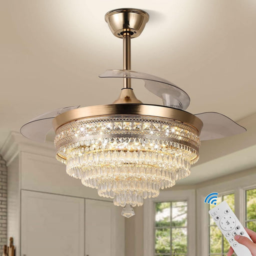 42 in. Gold Dimmable LED Invisible Fandelier with Light, Modern LED Crystal Ceiling Fan-1-ErisView