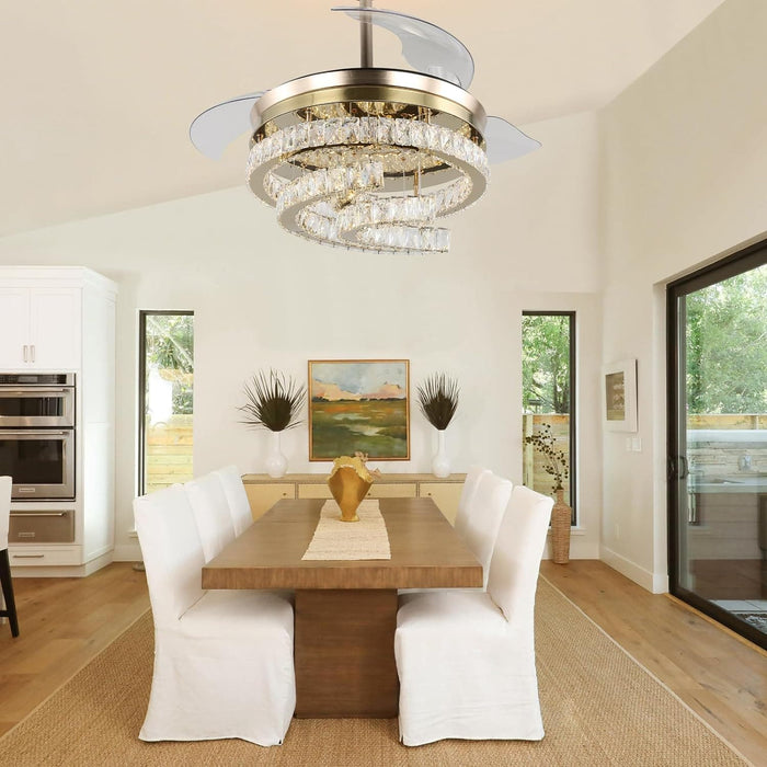 42 in. Gold Dimmable Remote Ceiling Fan with Light, Crystal Modern Chandelier Fan, Silent Retractable Fandelier with Timer Function-2-ErisView