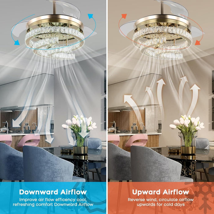 42 in. Gold Dimmable Remote Ceiling Fan with Light, Crystal Modern Chandelier Fan, Silent Retractable Fandelier with Timer Function-3-ErisView