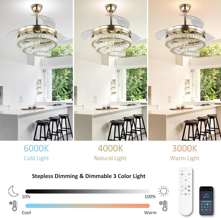 42 in. Gold Dimmable Remote Ceiling Fan with Light, Crystal Modern Chandelier Fan, Silent Retractable Fandelier with Timer Function-4-ErisView