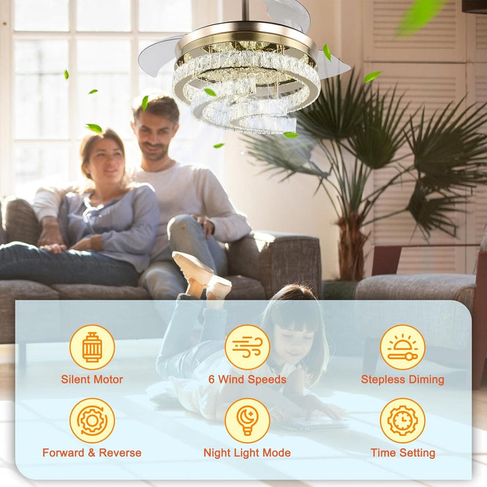 42 in. Gold Dimmable Remote Ceiling Fan with Light, Crystal Modern Chandelier Fan, Silent Retractable Fandelier with Timer Function-5-ErisView