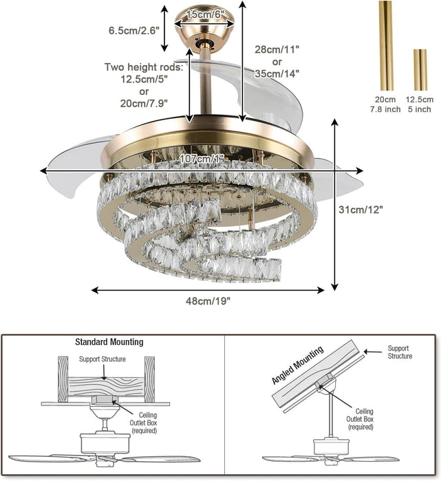 42 in. Gold Dimmable Remote Ceiling Fan with Light, Crystal Modern Chandelier Fan, Silent Retractable Fandelier with Timer Function-6-ErisView