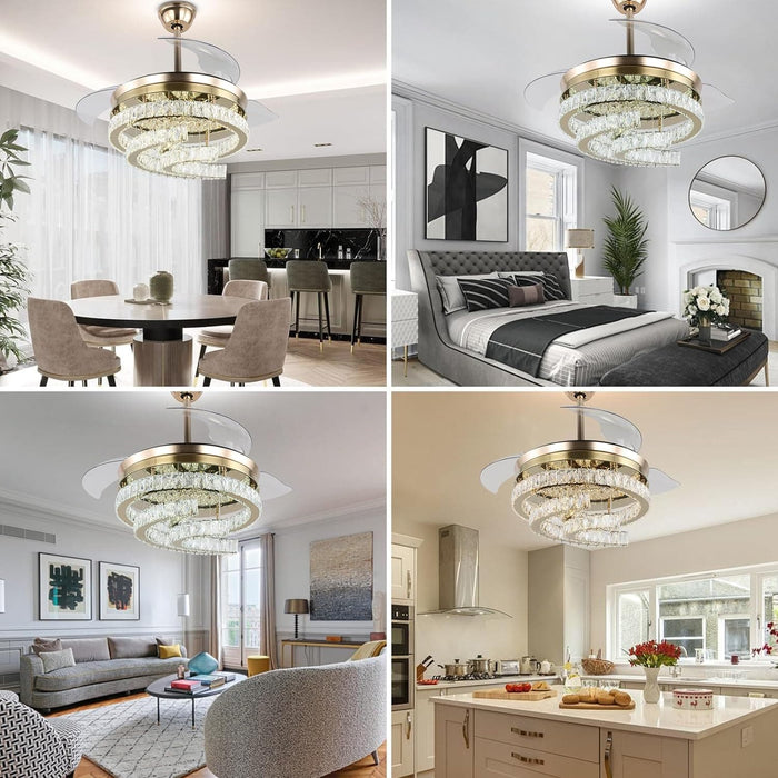 42 in. Gold Dimmable Remote Ceiling Fan with Light, Crystal Modern Chandelier Fan, Silent Retractable Fandelier with Timer Function-7-ErisView