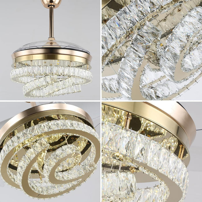 42 in. Gold Dimmable Remote Ceiling Fan with Light, Crystal Modern Chandelier Fan, Silent Retractable Fandelier with Timer Function-8-ErisView