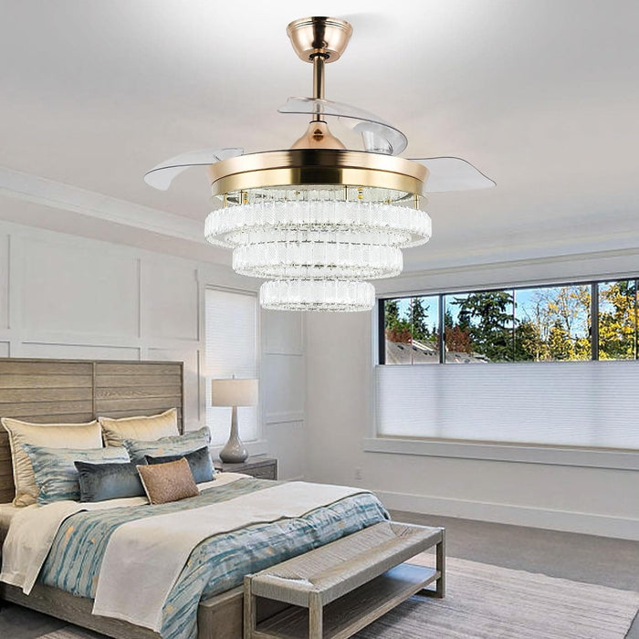 42 in. Gold Modern Crystal Ceiling Fan with Lights, Dimmable Fandelier for Bedroom, Retractable Crystal Chandelier Ceiling Fan for Dining Room-2-ErisView