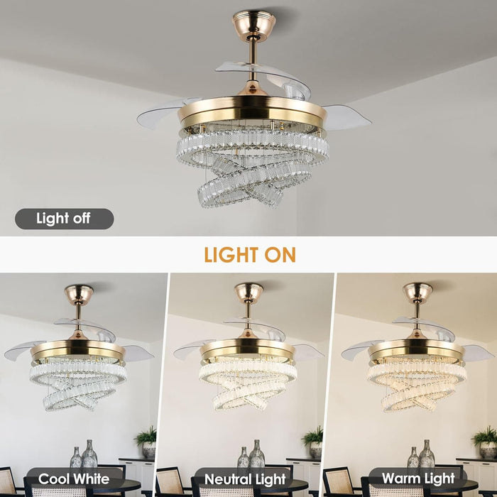 42 in. Gold Modern Crystal Ceiling Fan with Lights, Dimmable Fandelier for Bedroom, Retractable Crystal Chandelier Ceiling Fan for Dining Room-8-ErisView