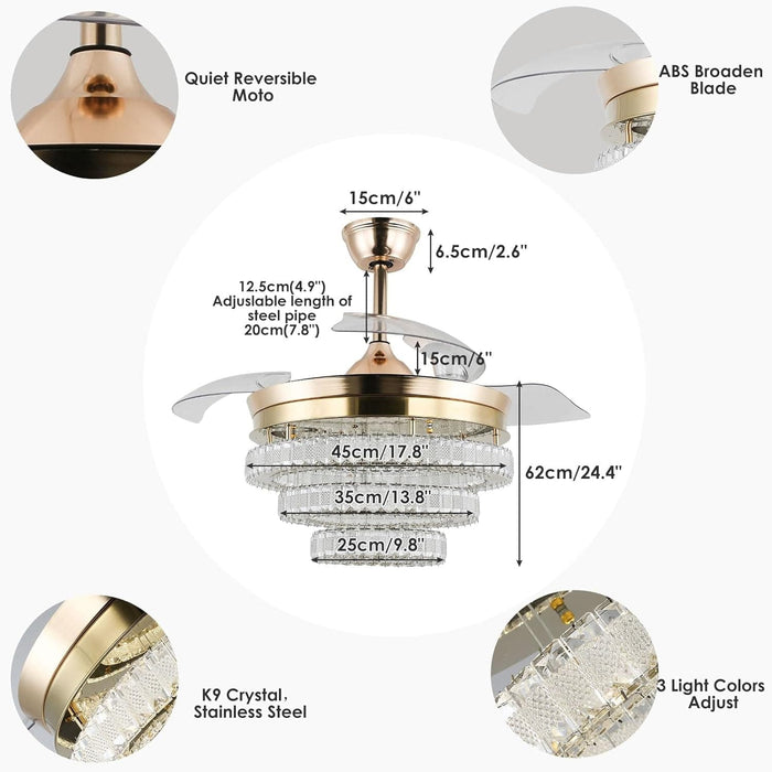 42 in. Gold Modern Crystal Ceiling Fan with Lights, Dimmable Fandelier for Bedroom, Retractable Crystal Chandelier Ceiling Fan for Dining Room-9-ErisView