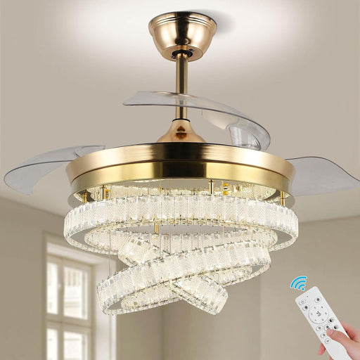 42 in. Gold Modern Crystal Ceiling Fan with Lights, Dimmable Fandelier for Bedroom, Retractable Crystal Chandelier Ceiling Fan for Dining Room-1-ErisView