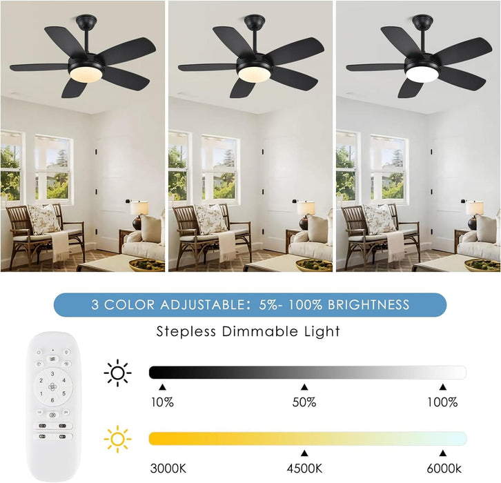42 in. Indoor Outdoor Black Ceiling Fan, Outdoor Ceiling Fan with Light and Remote, Dimmable Ceiling Fan and Light, Noiseless Bedroom Ceiling Fans-3-ErisView