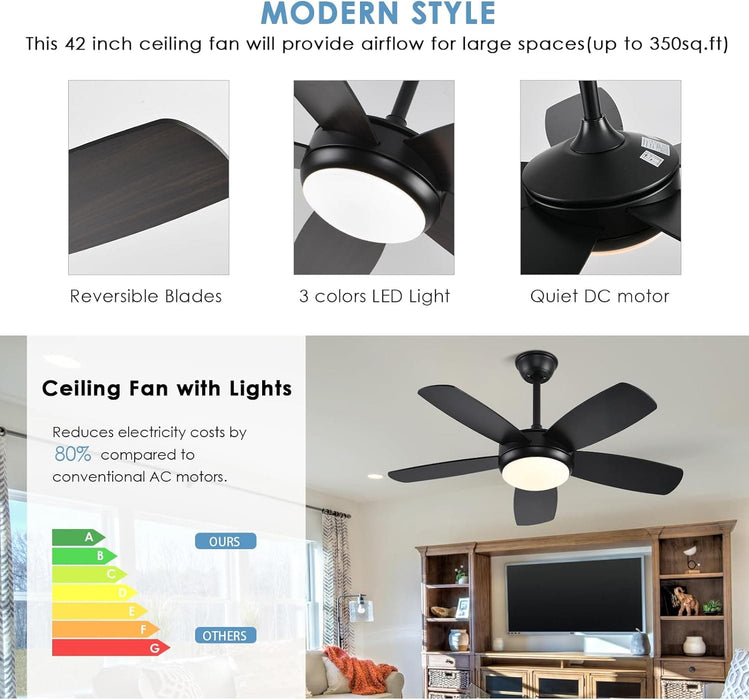 42 in. Indoor Outdoor Black Ceiling Fan, Outdoor Ceiling Fan with Light and Remote, Dimmable Ceiling Fan and Light, Noiseless Bedroom Ceiling Fans-5-ErisView