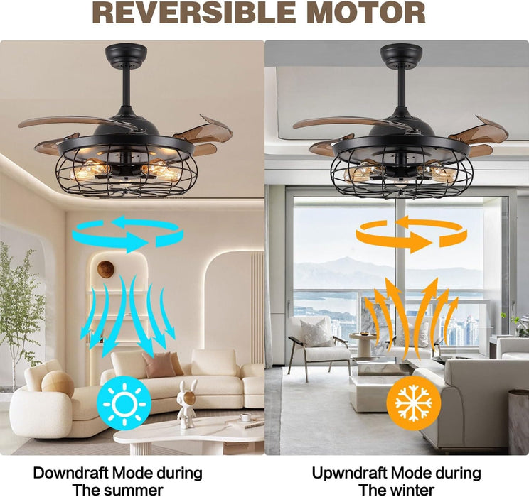 42 in. Industrial Retractable Ceiling Fan with Lights and Remote, Fandelier for Bedroom, Black Farmhouse Caged Ceiling Fan for Living Room Restaurant -2-ErisView
