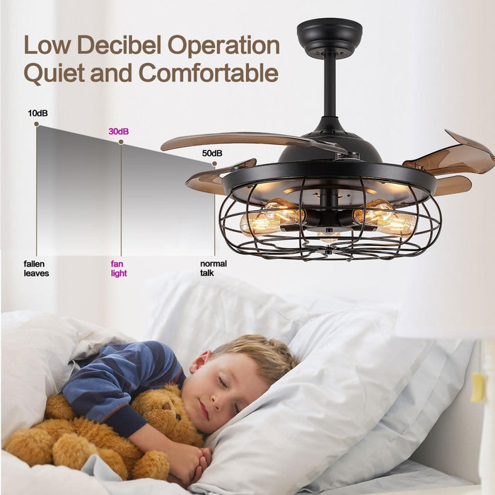 42 in. Industrial Retractable Ceiling Fan with Lights and Remote, Fandelier for Bedroom, Black Farmhouse Caged Ceiling Fan for Living Room Restaurant -3-ErisView