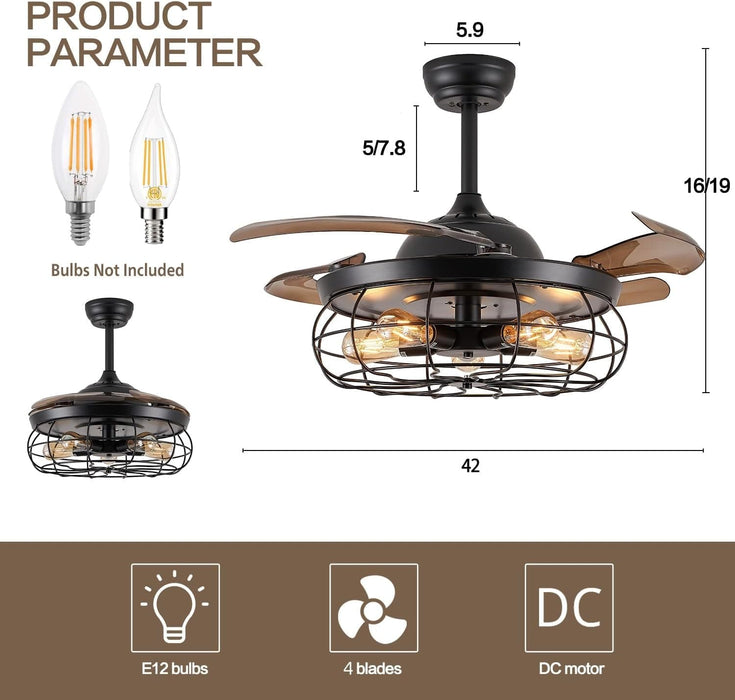 42 in. Industrial Retractable Ceiling Fan with Lights and Remote, Fandelier for Bedroom, Black Farmhouse Caged Ceiling Fan for Living Room Restaurant -4-ErisView