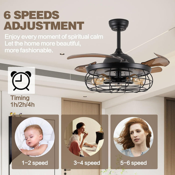 42 in. Industrial Retractable Ceiling Fan with Lights and Remote, Fandelier for Bedroom, Black Farmhouse Caged Ceiling Fan for Living Room Restaurant -5-ErisView