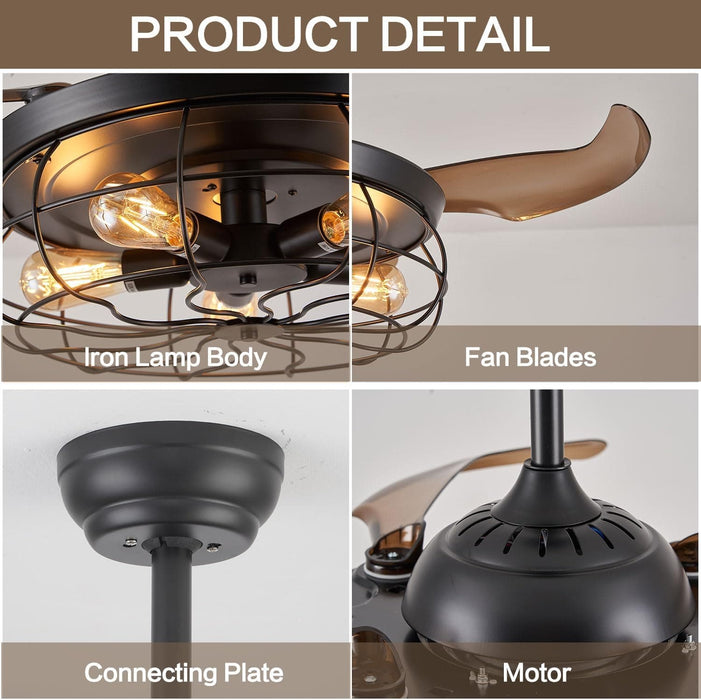 42 in. Industrial Retractable Ceiling Fan with Lights and Remote, Fandelier for Bedroom, Black Farmhouse Caged Ceiling Fan for Living Room Restaurant -6-ErisView