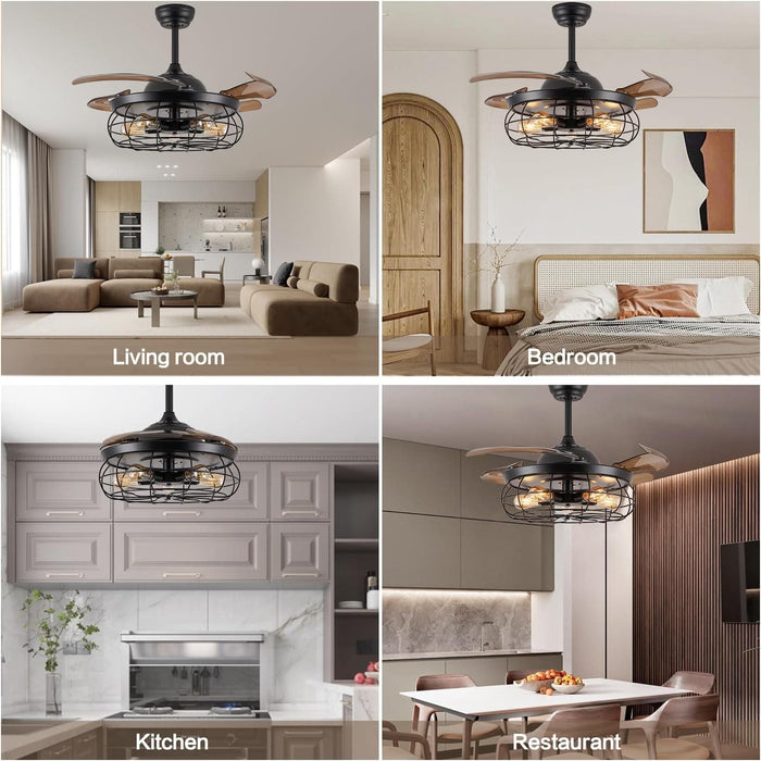42 in. Industrial Retractable Ceiling Fan with Lights and Remote, Fandelier for Bedroom, Black Farmhouse Caged Ceiling Fan for Living Room Restaurant -7-ErisView