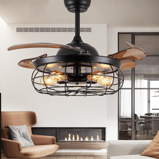 42 in. Industrial Retractable Ceiling Fan with Lights and Remote, Fandelier for Bedroom, Black Farmhouse Caged Ceiling Fan for Living Room Restaurant -1-ErisView