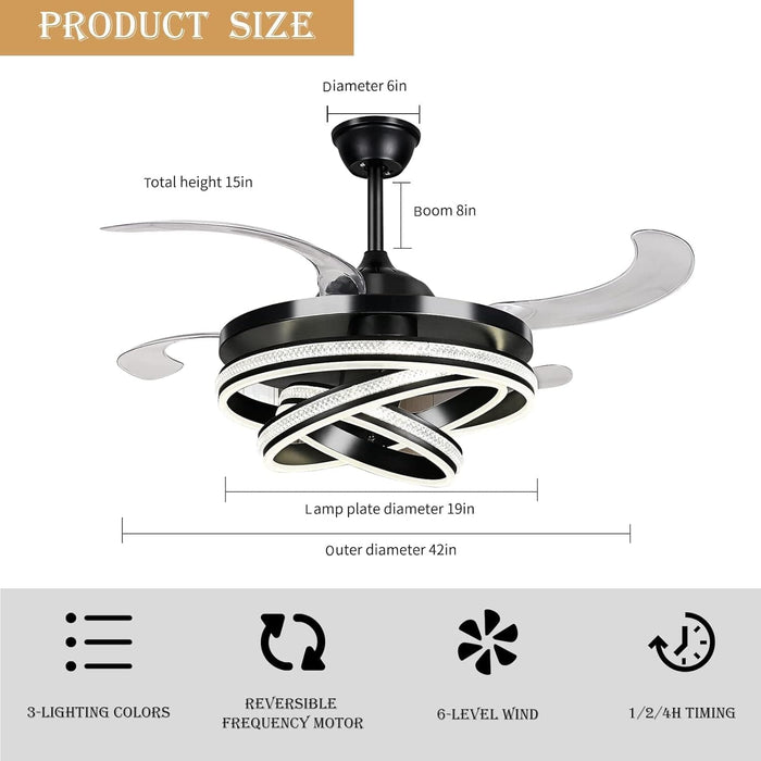 42 in. Modern Black Invisible Ceiling Fan Chandelier Light with Remote, Retractable Decorative Ceiling Fan with Light for Bedroom Living Dining Room -2-ErisView