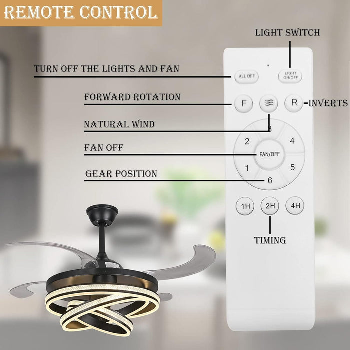 42 in. Modern Black Invisible Ceiling Fan Chandelier Light with Remote, Retractable Decorative Ceiling Fan with Light for Bedroom Living Dining Room -3-ErisView