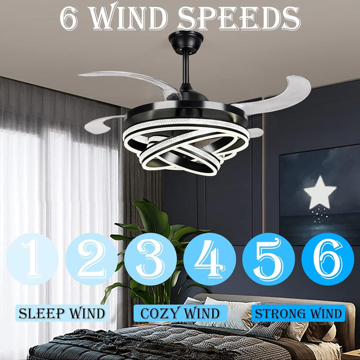 42 in. Modern Black Invisible Ceiling Fan Chandelier Light with Remote, Retractable Decorative Ceiling Fan with Light for Bedroom Living Dining Room -4-ErisView