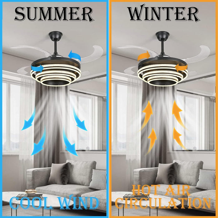 42 in. Modern Black Invisible Ceiling Fan Chandelier Light with Remote, Retractable Decorative Ceiling Fan with Light for Bedroom Living Dining Room -6-ErisView