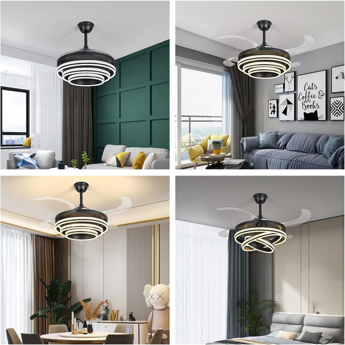 42 in. Modern Black Invisible Ceiling Fan Chandelier Light with Remote, Retractable Decorative Ceiling Fan with Light for Bedroom Living Dining Room -7-ErisView
