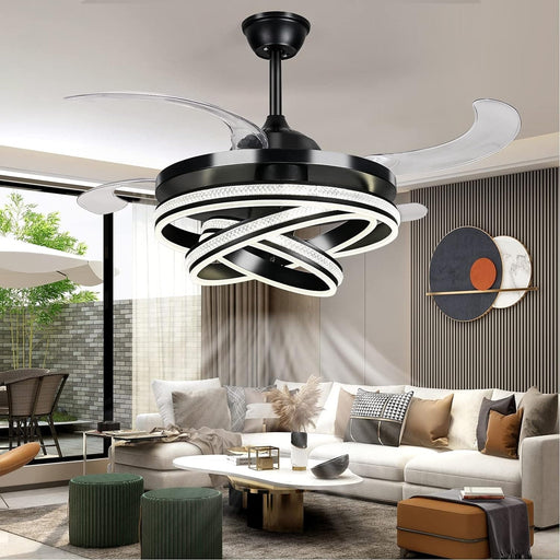 42 in. Modern Black Invisible Ceiling Fan Chandelier Light with Remote, Retractable Decorative Ceiling Fan with Light for Bedroom Living Dining Room -1-ErisView