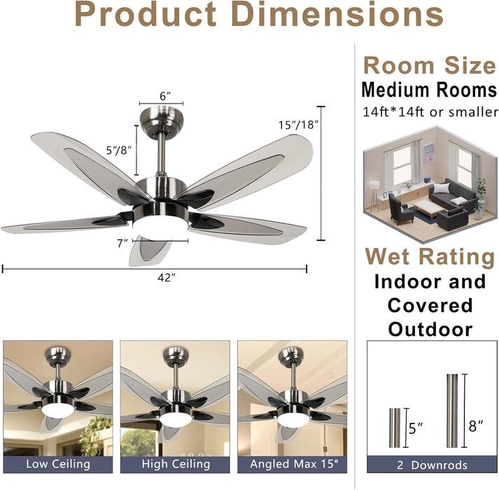 42 in. Modern Ceiling Fan for Porch Patio, Ceiling Fan with LED Light and Remote, Quiet Small Ceiling Fan for Bedroom Kitchen, Brushed Nickel Ceiling Fan-6-ErisView